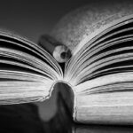 Artistic black and white close-up of an open book with a pencil placed in the middle.